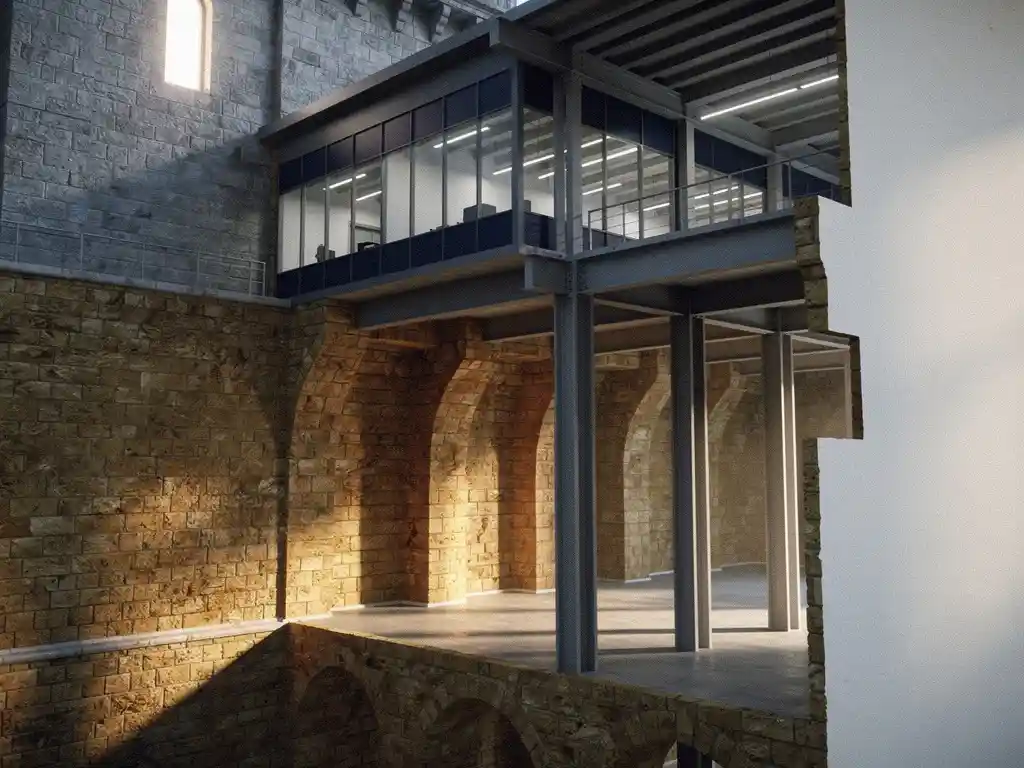 Medieval stone castle foundation seamlessly supporting a modern corporate building above, connected by load-bearing pillars in dramatic raking light.