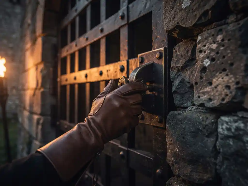 Craftsman installing a reinforced iron gate into ancient medieval stone castle wall by amber torchlight.