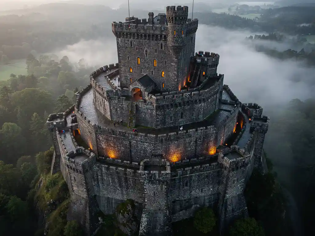 Medieval stone castle with concentric fortress walls rising through morning mist, warm amber torchlight glowing within weathered slate grey ramparts.