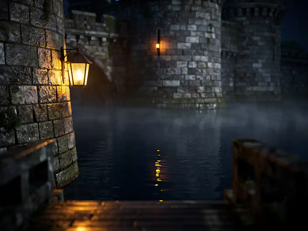 Medieval castle moat at dusk with amber lantern casting warm light on dark, misty water and weathered stone walls.