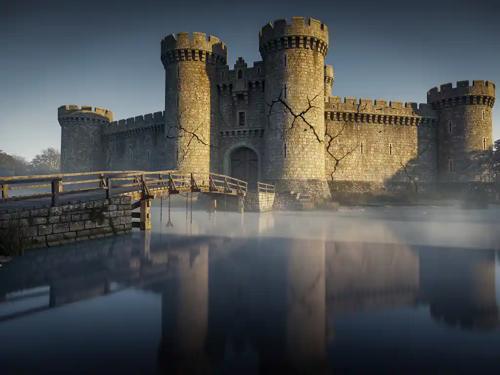 Medieval stone castle behind a still moat with a lowered drawbridge, cracked walls, and golden light reflecting on slate blue water.