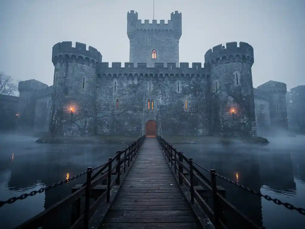 Medieval stone castle with water-filled moat, drawbridge, and watchtower glowing with amber torchlight in misty morning fog.