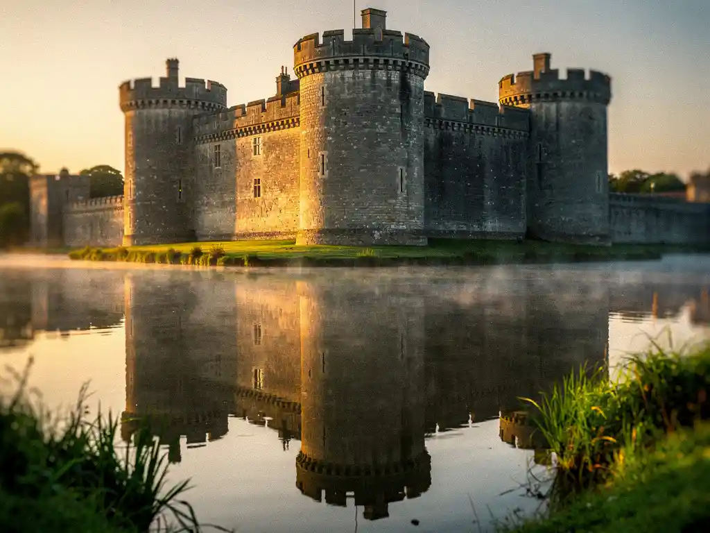 Medieval stone castle with still moat reflecting fortress walls symmetrically at golden hour, mist hovering at waterline, lush green banks framing the scene.