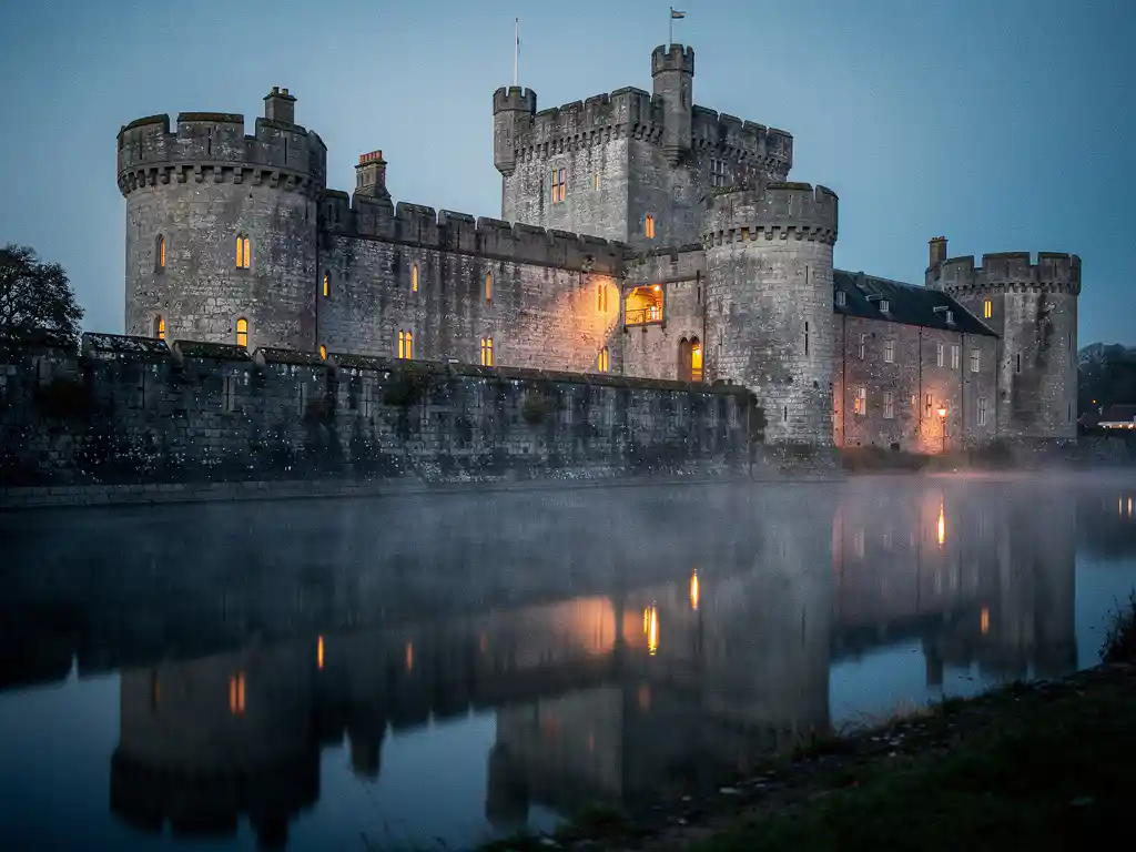 Medieval stone castle at dawn with golden light glowing from within its walls, reflected in a still moat under soft morning mist.