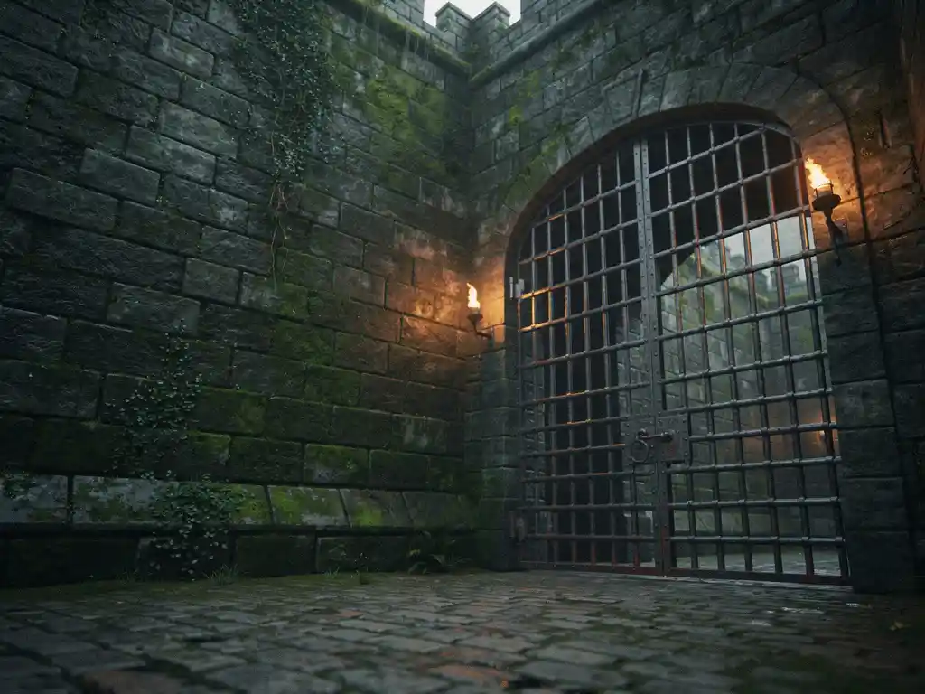 Mossy medieval castle moat wall beside an iron portcullis gate, amber torchlight illuminating layered stone fortifications.