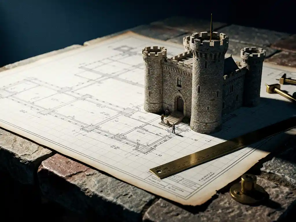 Architectural scale model of a medieval castle beside a structural blueprint on stone, towers casting shadows across grid lines.