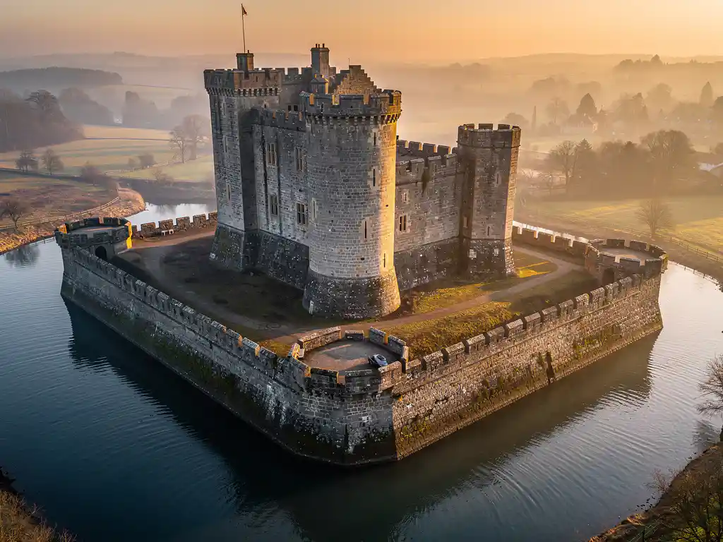 Medieval castle surrounded by a complete stone moat with calm water reflecting golden-hour light, viewed from a slightly elevated angle.