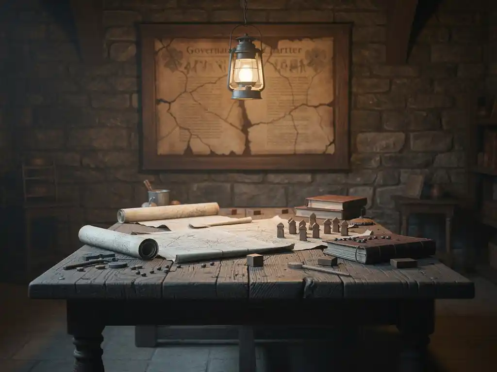 Medieval castle command room with oak war table, operational maps, and governance charter on stone wall lit by amber lantern light.