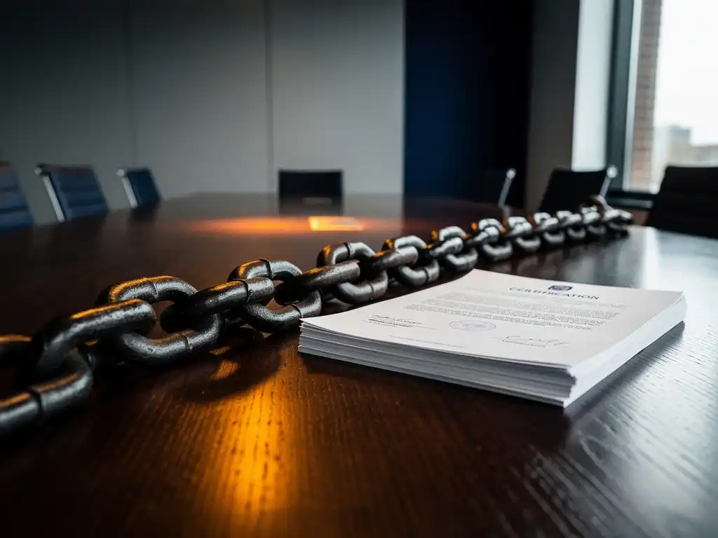 Medieval castle drawbridge chain with forged iron links on a dark oak boardroom table beside stacked official certification documents.