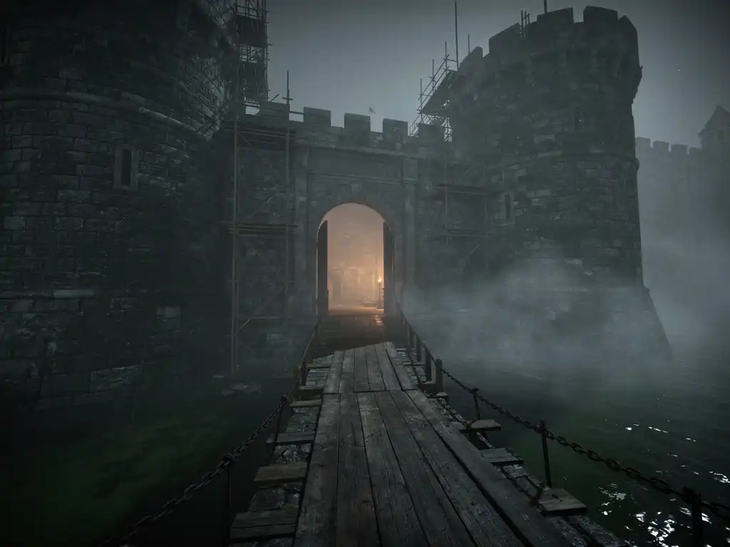Medieval castle gatehouse shrouded in fog, lowered drawbridge over dark moat, warm amber glow emanating from within stone fortress walls.