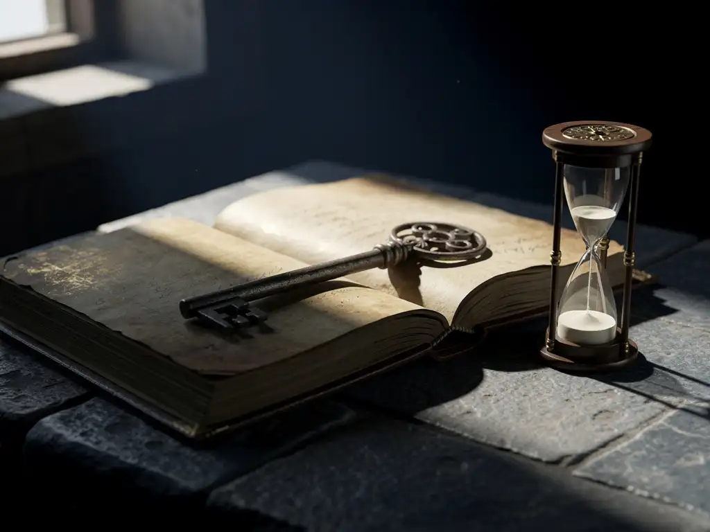 Open medieval ledger with iron key resting across aged parchment pages beside a small hourglass, dramatic side lighting on stone surface.