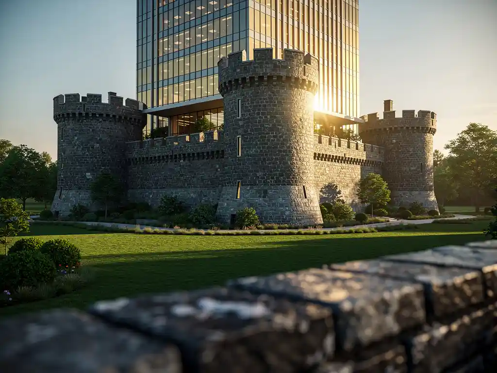 Medieval stone moat encircling a modern glass corporate tower at golden hour, blending ancient and contemporary architecture on emerald grounds.