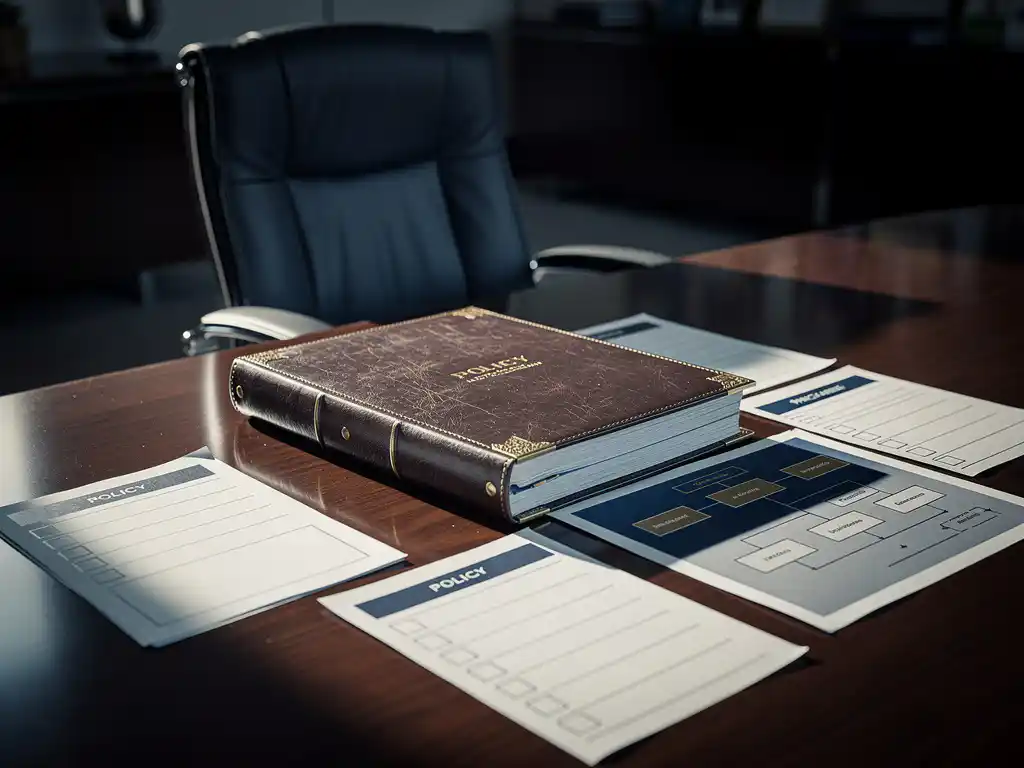 Open leather policy binder on a boardroom table with scattered unfinished checklists, an abandoned executive chair, and a half-filled org chart beneath.