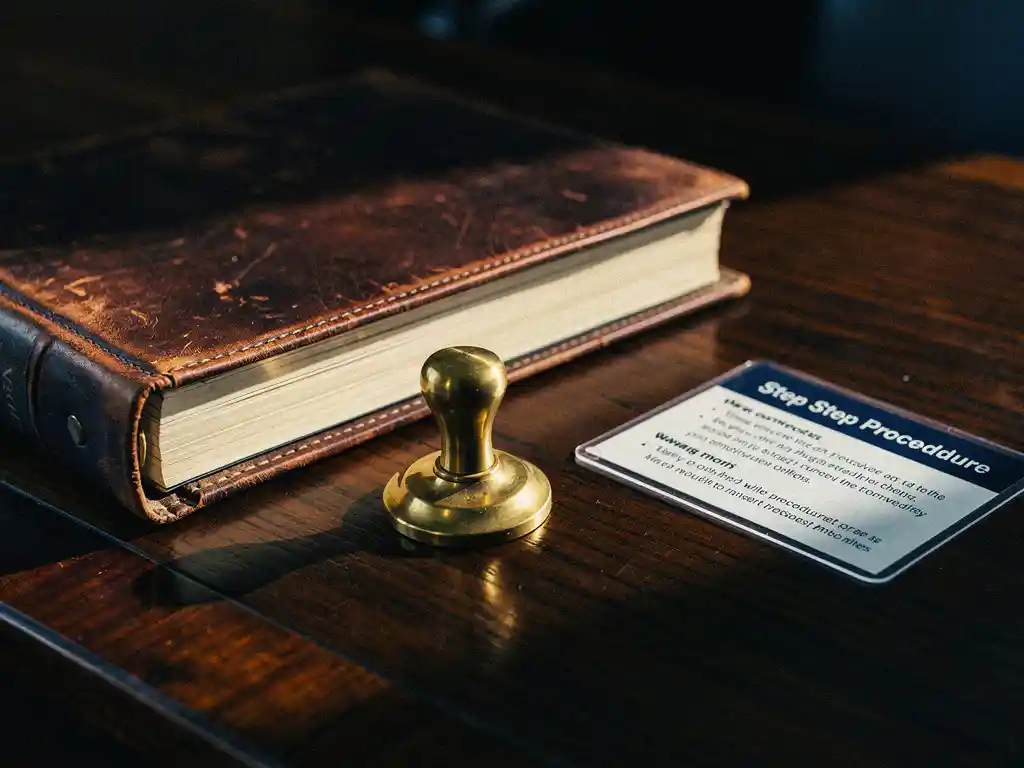 Open leather policy binder and laminated procedure card on a dark oak desk, held by a brass paperweight under warm directional light.