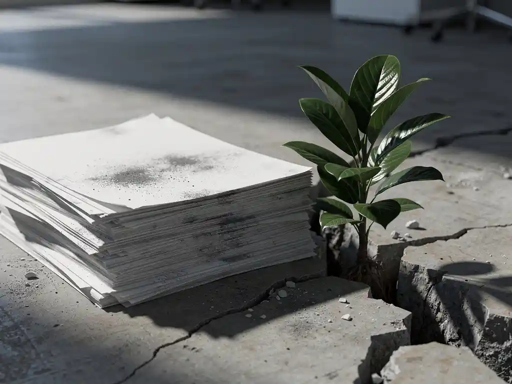 Dusty stack of unsigned policy documents on cracked concrete floor beside a green plant growing through the surface, symbolizing bureaucracy versus resilience.