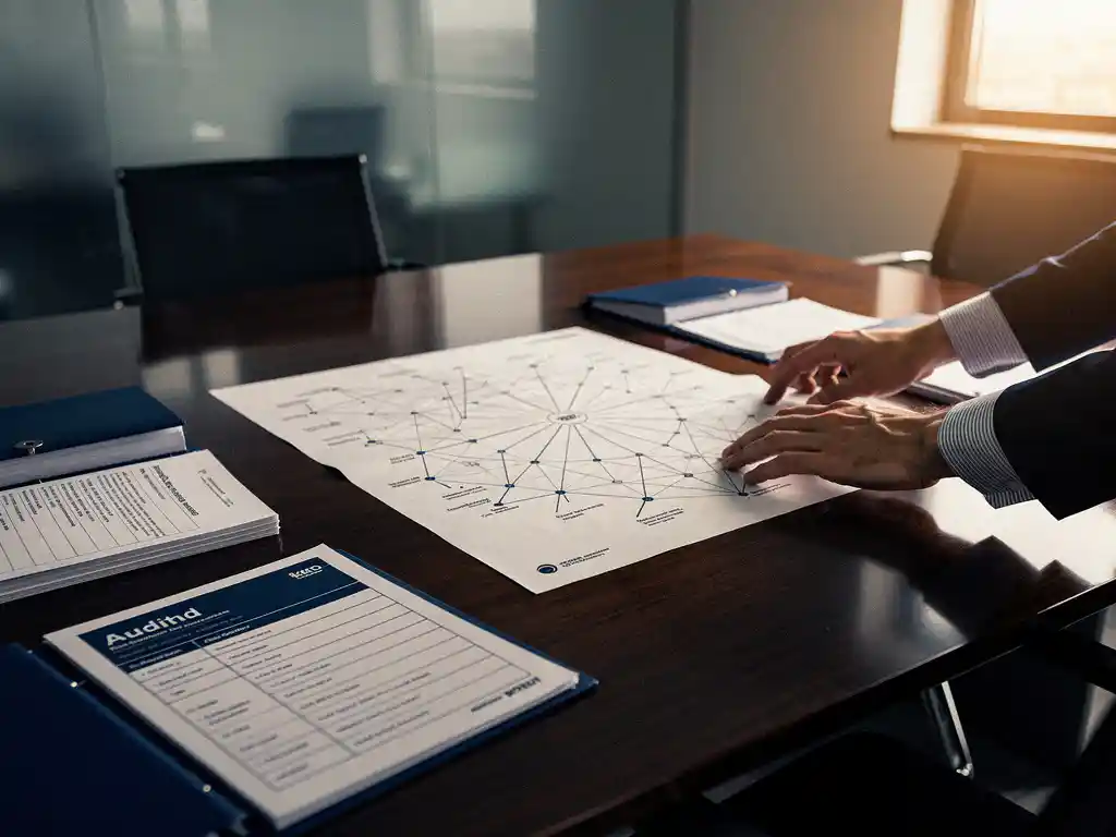 Procurement manager spreading a supplier network map across a conference table, surrounded by audit folders and an open checklist, warm amber and navy tones.