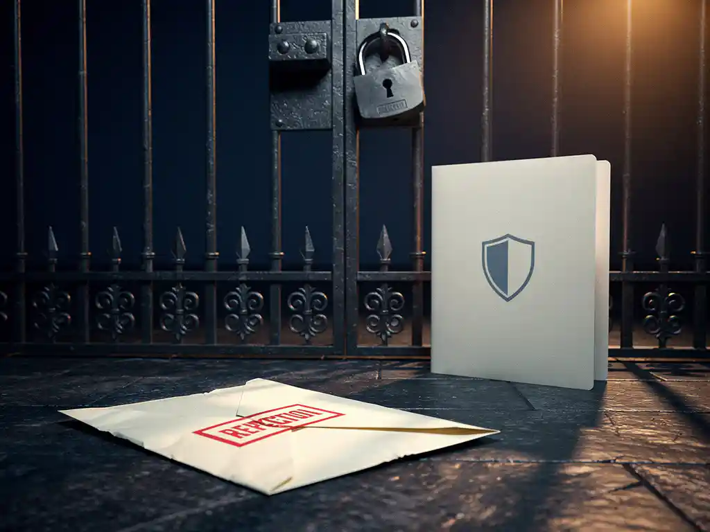 Rejected tender envelope stamped and sealed beside a locked iron gate, while an approved security folder gains entry beyond it.