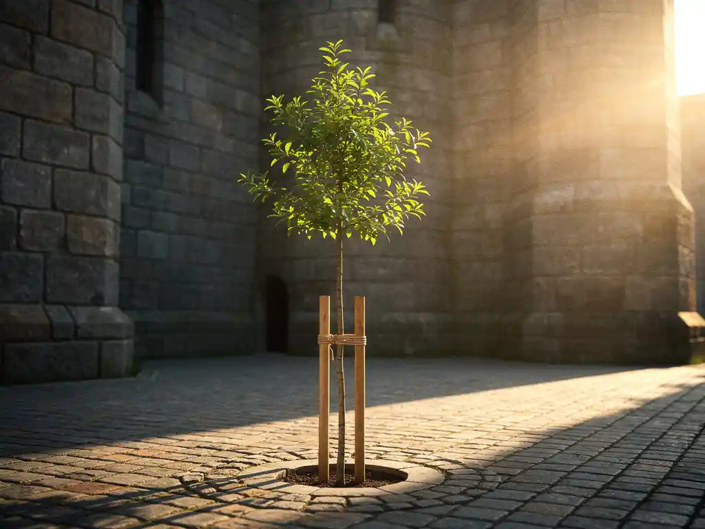 Young sapling staked for support growing in a sunlit stone castle courtyard, golden morning light on cobblestones with ancient grey walls surrounding fresh green foliage.