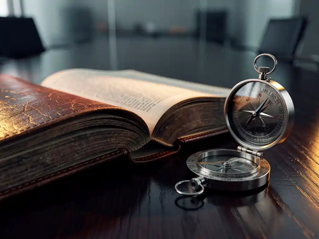 Leather-bound guidebook and precision mechanical compass on a dark oak boardroom table, symbolizing advisory wisdom and autonomous navigation.