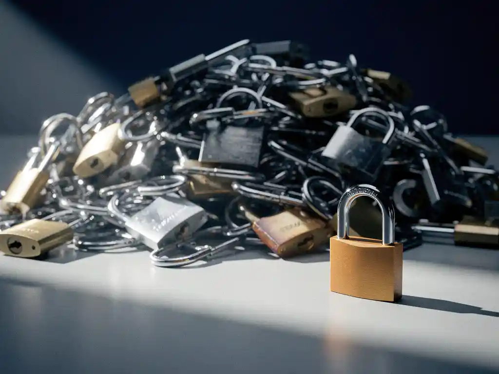 Cluttered security operations desk overwhelmed by tangled padlocks, one small functional lock sitting apart on a clean surface amid navy and steel grey tones.