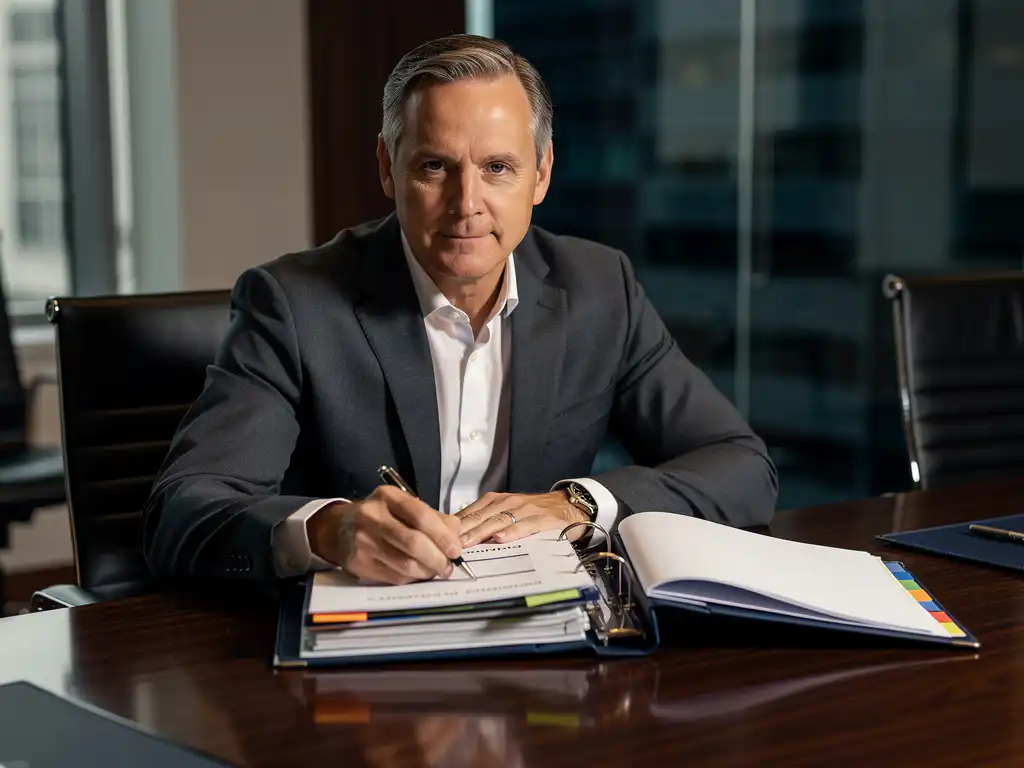 Senior executive in a tailored suit reviewing a governance binder alongside an operations folder at a polished conference table.
