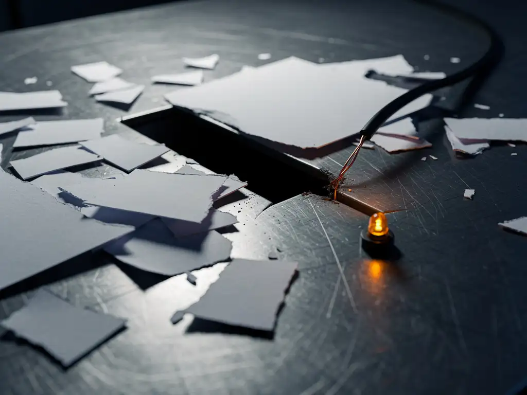 Half-shredded signed contract on a steel desk with scattered pages, missing clause, and a severed cable wire under dramatic amber-lit shadows.