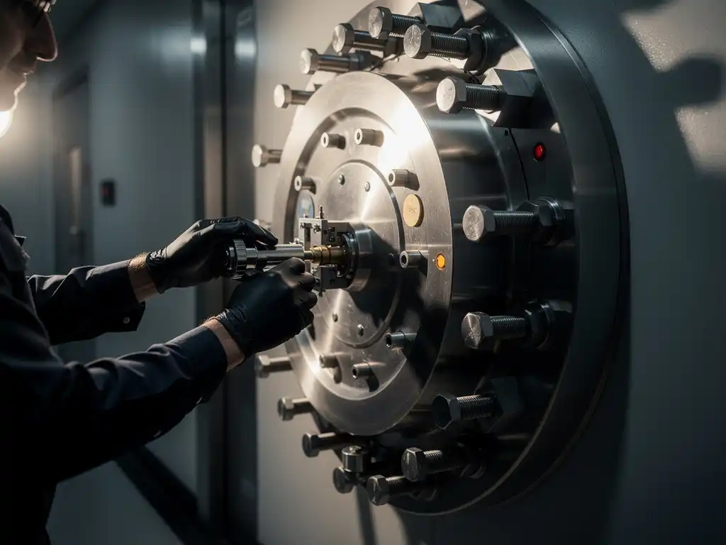 Gloved technician installing a precision lock mechanism on a layered steel vault door with reinforcing bolts in an institutional corridor.