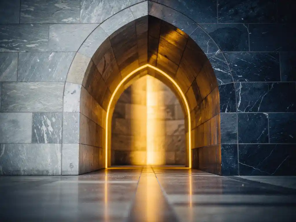 Two stone archways converging into a single corridor, warm amber light illuminating the passage against cool grey and navy tones.