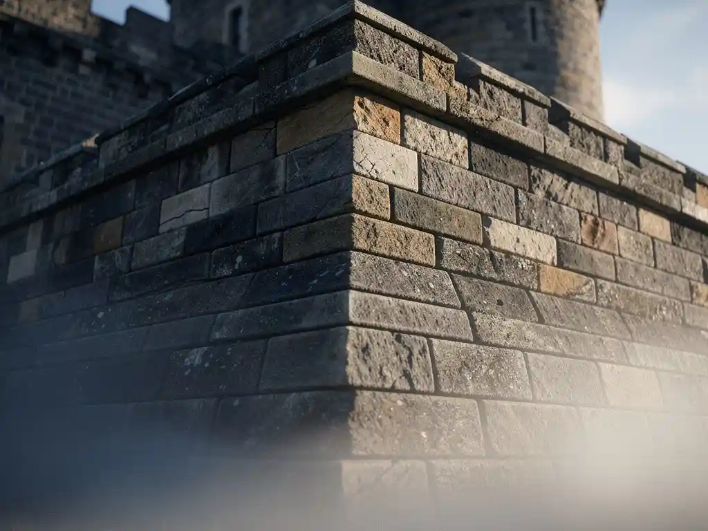 Weathered limestone castle foundation corner shot from below, interlocking stone blocks in precise alignment with morning mist and raking sidelight.