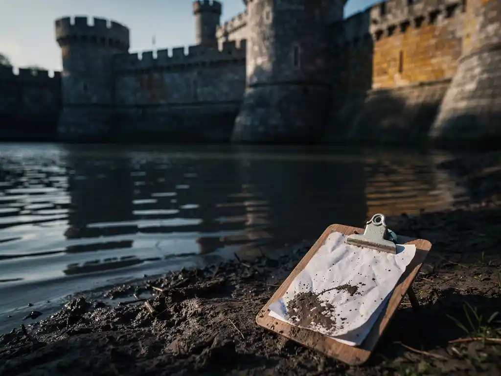 Weathered stone castle moat viewed from low angle, dramatic raking light casting shadows on rippling water beside an abandoned wooden clipboard.