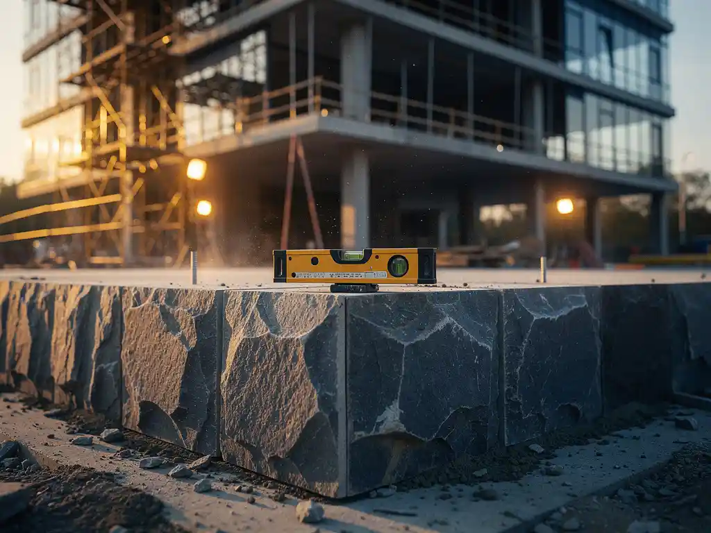 Stone foundation being laid beneath a modern building under construction, with a surveyor's level on the cornerstone in golden morning light.
