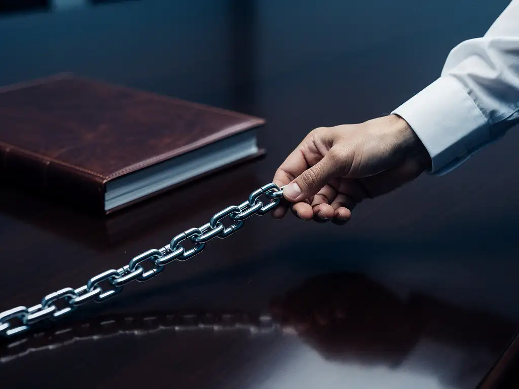 Hand in white shirt inspecting a steel chain link on a polished boardroom table beside a leather governance dossier.