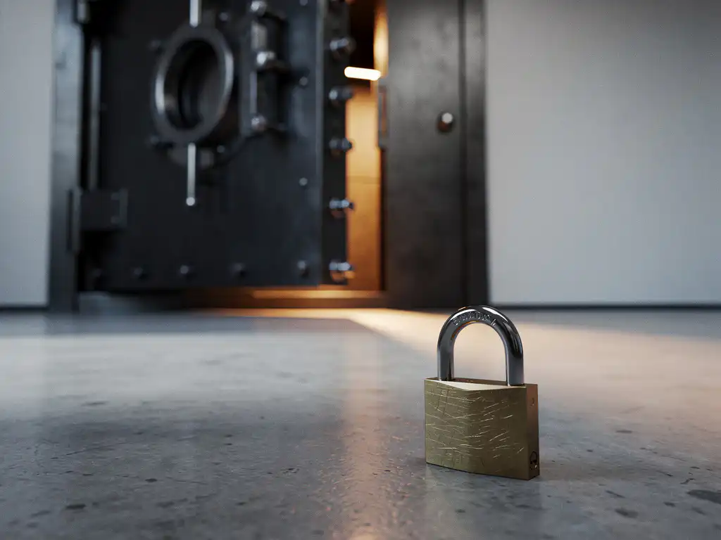 Heavy iron vault door slightly ajar in a modern corporate office, brass padlock on polished concrete floor, warm amber light spilling through the gap.