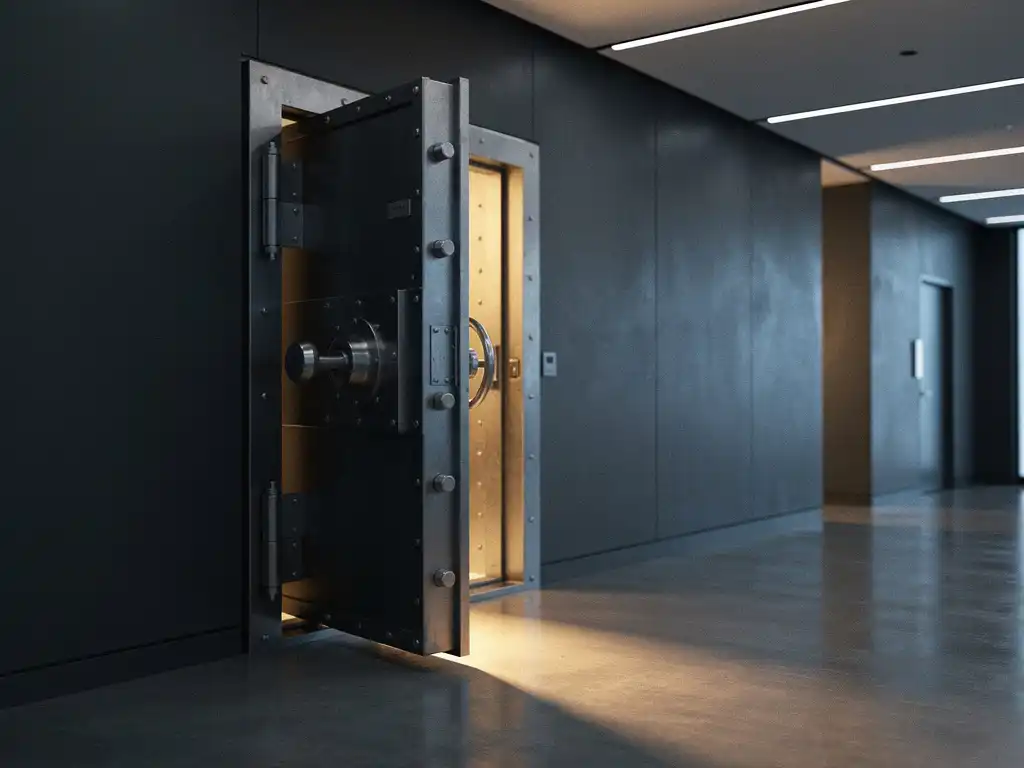 Heavy iron vault door slightly ajar in a modern office corridor, shaft of cool light casting long shadows across polished concrete floors.
