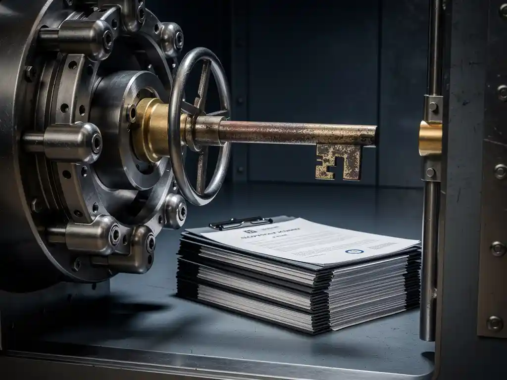 Heavy iron key inside an open reinforced vault door, thick steel bolts and locking mechanisms visible alongside compliance dossiers on the floor.
