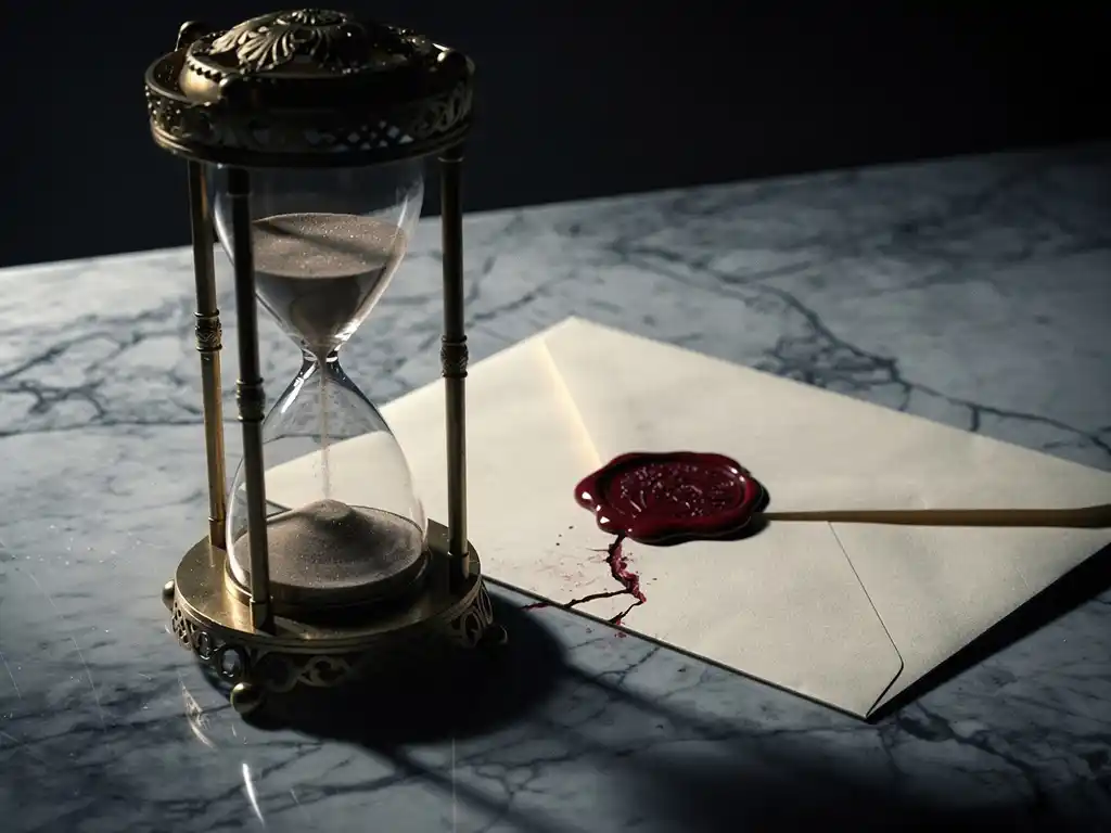 Vintage hourglass with nearly drained sand beside a sealed envelope, cracking red wax seal on marble desk in dramatic shadow.