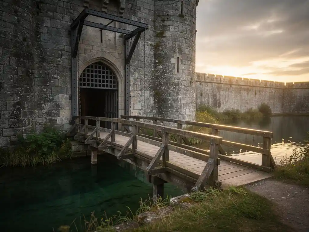 Small wooden footbridge beside a medieval stone castle drawbridge, both spanning a narrow moat reflecting grey walls and a golden-hour sky.